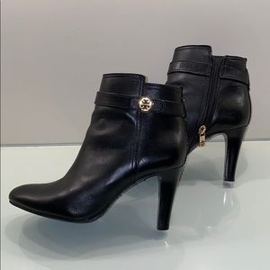 Tory Burch, black leather, heeled booties. Size 7
